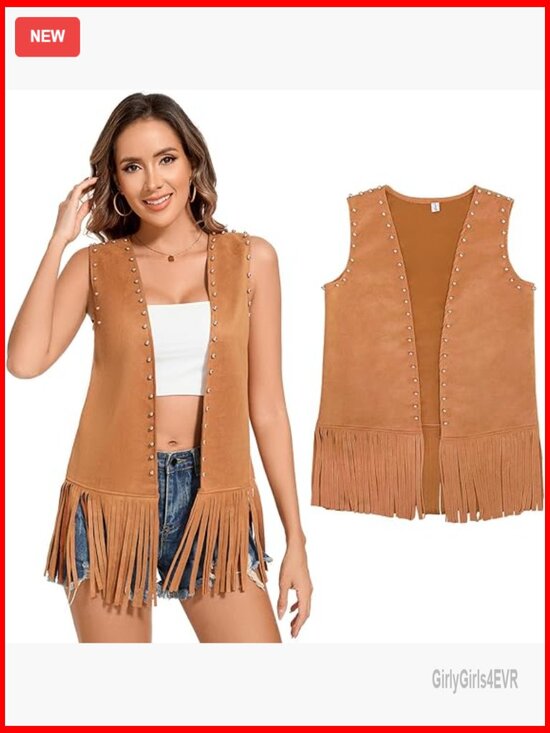 Jackets & Blazers - Faux Leather Fringe Vest Sleeveless Western Hippie Costume Top X-Large